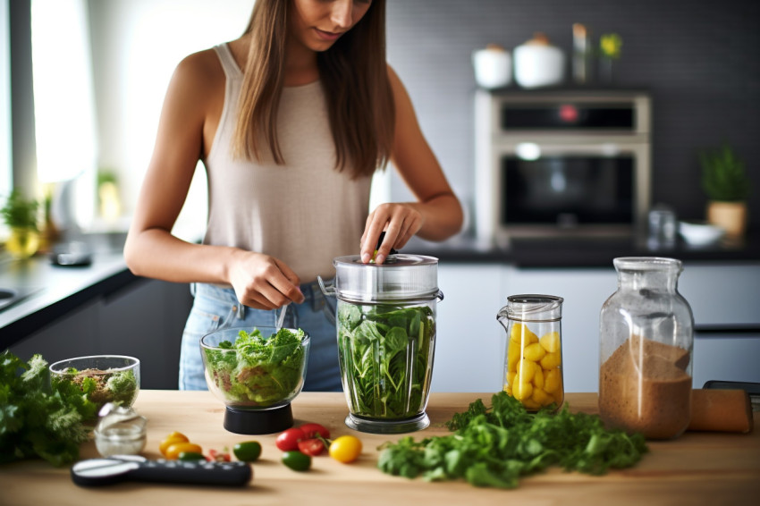 Picture of a young woman making a healthy green drink in the kit