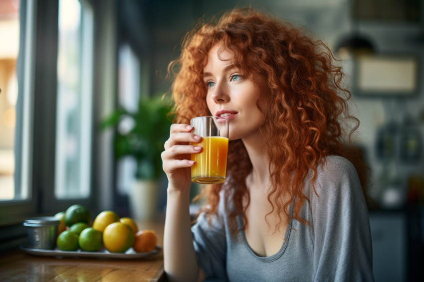 A picture of a pretty red haired woman having lunch and drinking