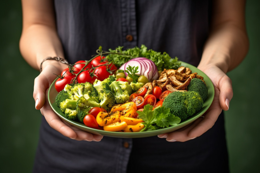 Picture of a woman with a plate of vegan or veggie food