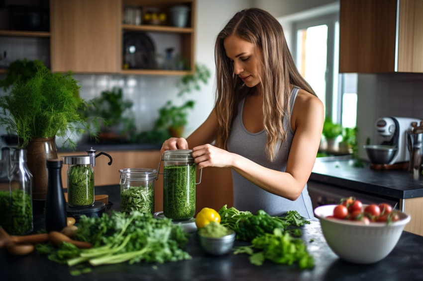 Picture of a young woman making a healthy green drink in the kit