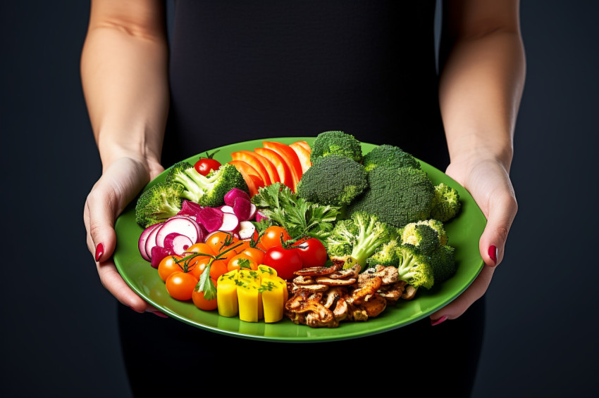 Picture of a woman with a plate of vegan or veggie food