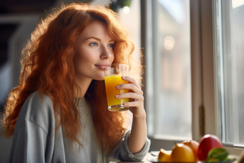 A picture of a pretty red haired woman having lunch and drinking