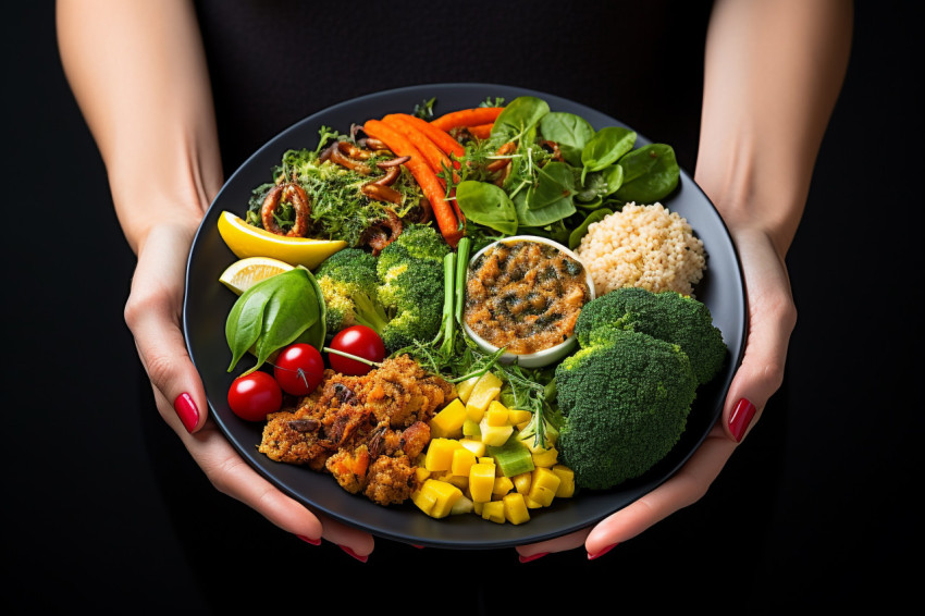 Picture of a woman with a plate of vegan or veggie food