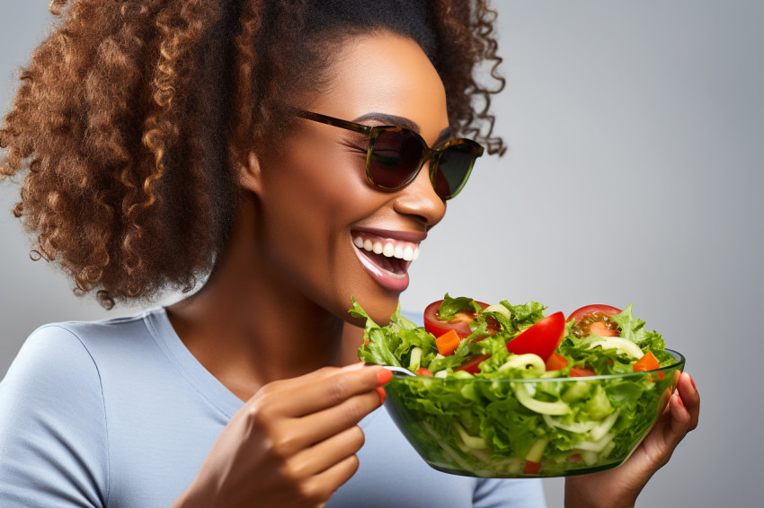 A photo of a black woman eating a salad in front of a light back