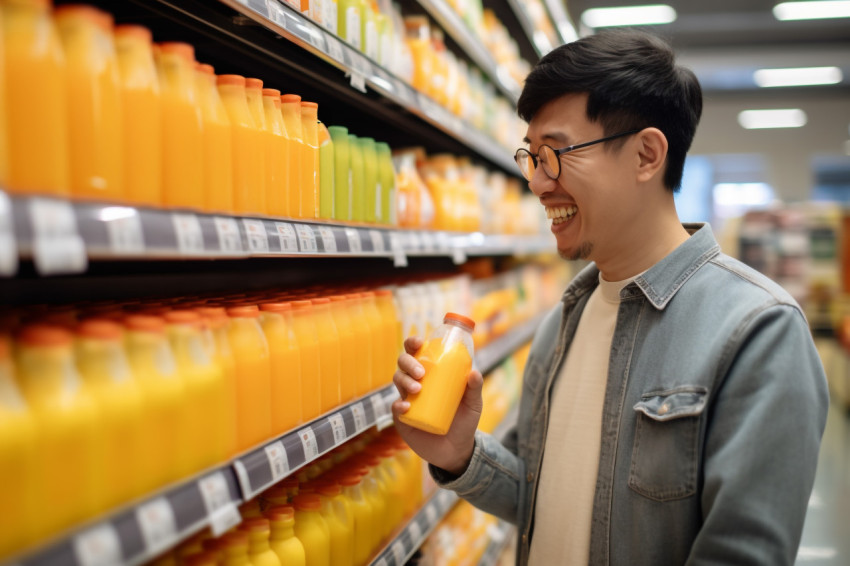 A picture of an Asian man using his phone to check his shopping