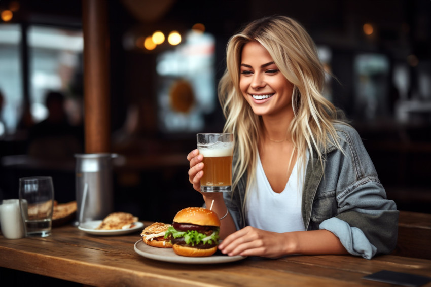 Picture of a young blonde woman in everyday clothes sitting at a