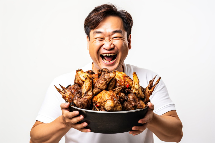 A picture of a happy Asian man holding a bucket of fried chicken