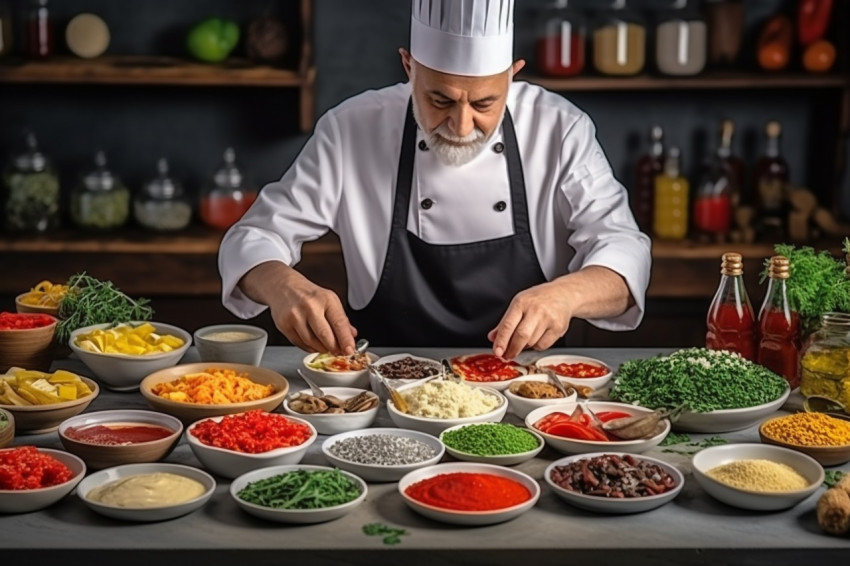 A picture of a good cook in clothes putting flavorings on food