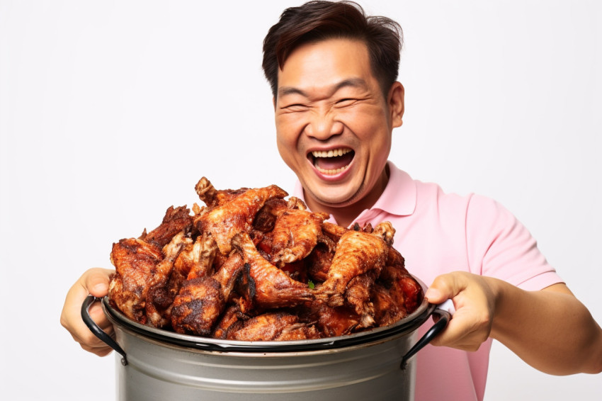 A picture of a happy Asian man holding a bucket of fried chicken