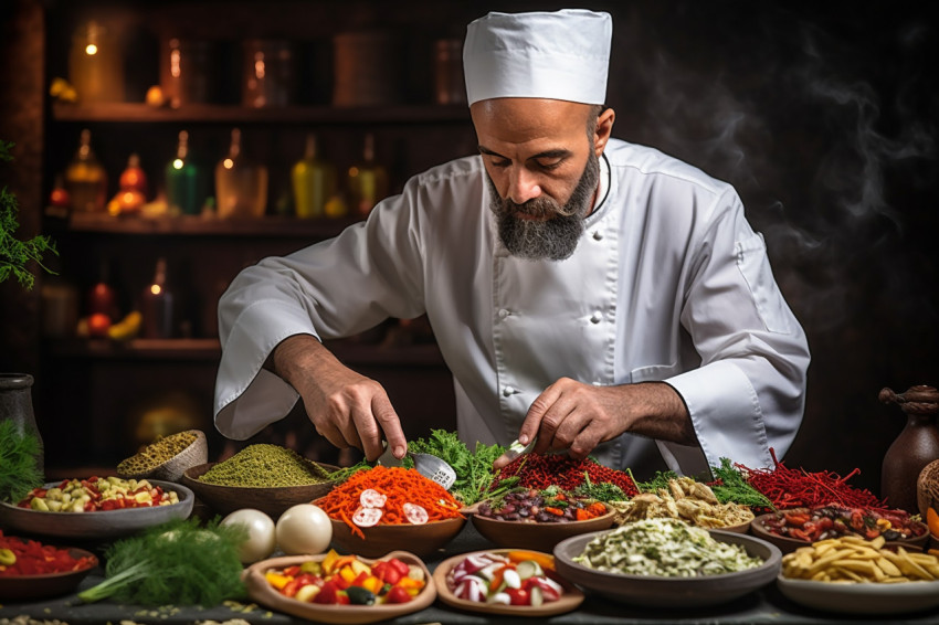 A picture of a good cook in clothes putting flavorings on food