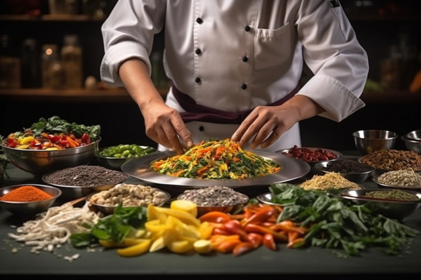 A picture of a good cook in clothes putting flavorings on food