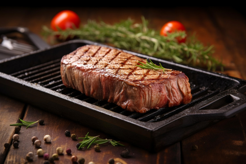 A picture of a grilled Black Angus steak striploin on a cast iro