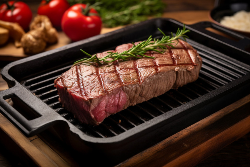 A picture of a grilled Black Angus steak striploin on a cast iro