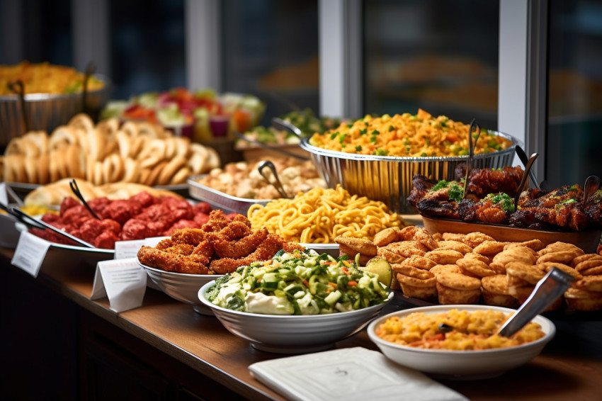 A picture of a table full of food that was ordered to go or deli