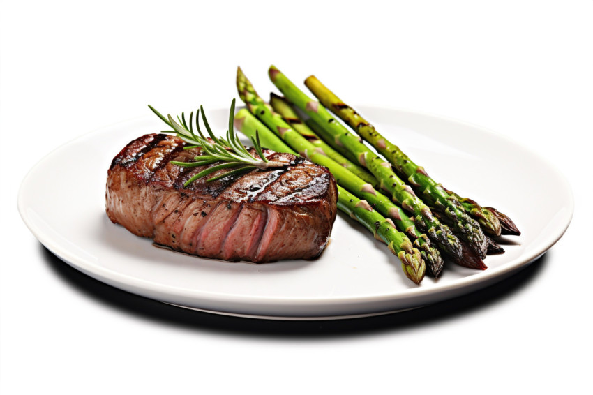 A picture of a grilled beef steak on a plate with asparagus and