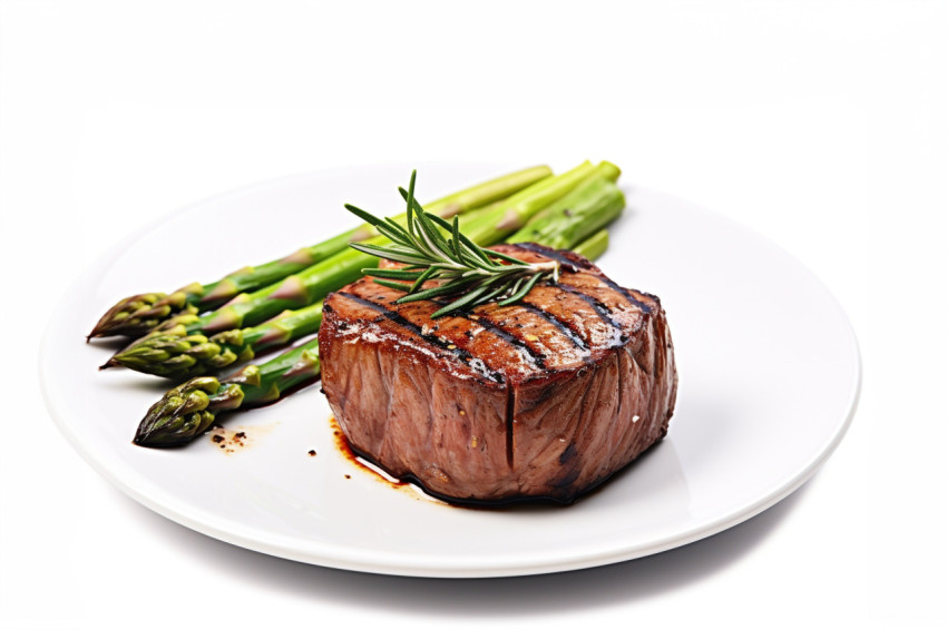 A picture of a grilled beef steak on a plate with asparagus and