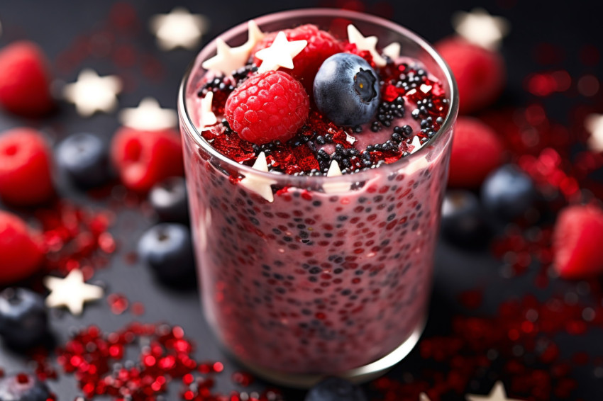 A picture of a smoothie with different layers of berries and chi