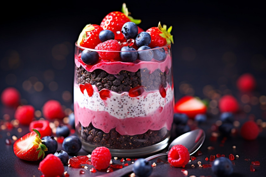 A picture of a smoothie with different layers of berries and chi