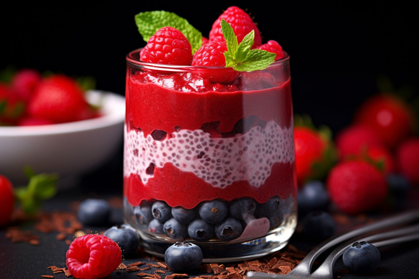 A picture of a smoothie with different layers of berries and chi