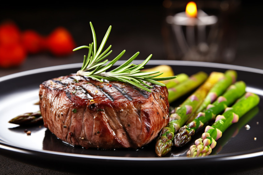 A picture of a grilled beef steak on a plate with asparagus and