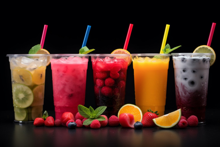 A picture of different iced fruit drinks on a black background