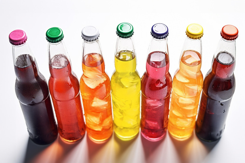 A picture of different plastic bottles of fizzy drinks on a whit