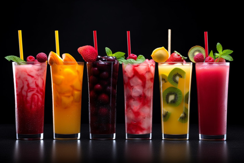 A picture of different iced fruit drinks on a black background