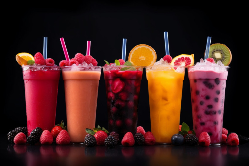 A picture of different iced fruit drinks on a black background