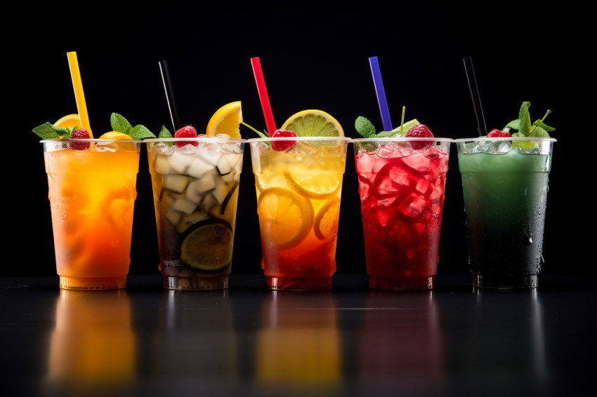 A picture of different iced fruit drinks on a black background