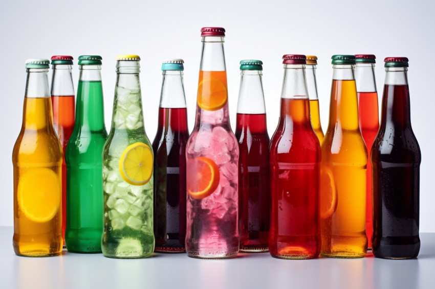 A picture of different plastic bottles of fizzy drinks on a whit