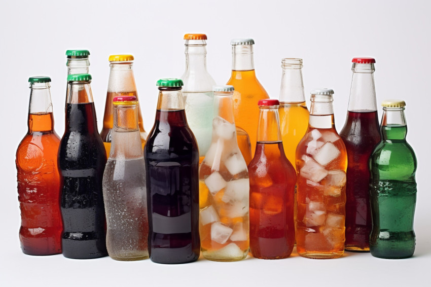 A picture of different plastic bottles of fizzy drinks on a whit