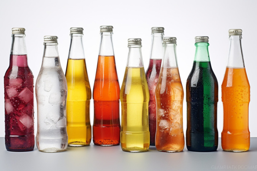 A picture of different plastic bottles of fizzy drinks on a whit