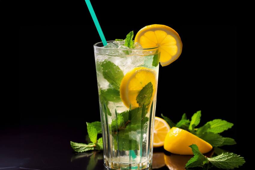 A cold and refreshing lemonade drink with lemon mint and ice