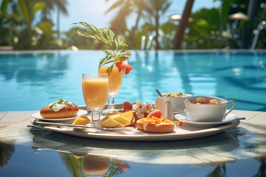 A picture of breakfast floating in a pool at a fancy warm resort