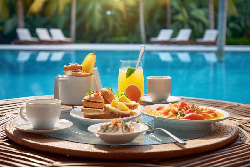 A picture of breakfast floating in a pool at a fancy warm resort