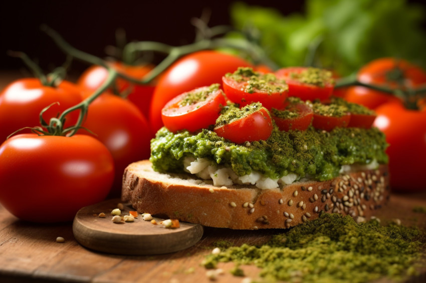 Picture of juicy tomatoes on top of fresh bread