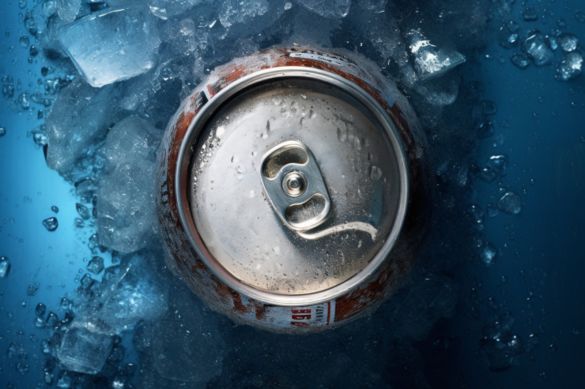 A photo of the top of a cold drink can that is covered in frost