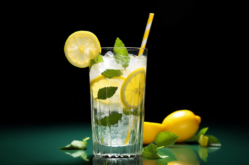 A cold and refreshing lemonade drink with lemon mint and ice