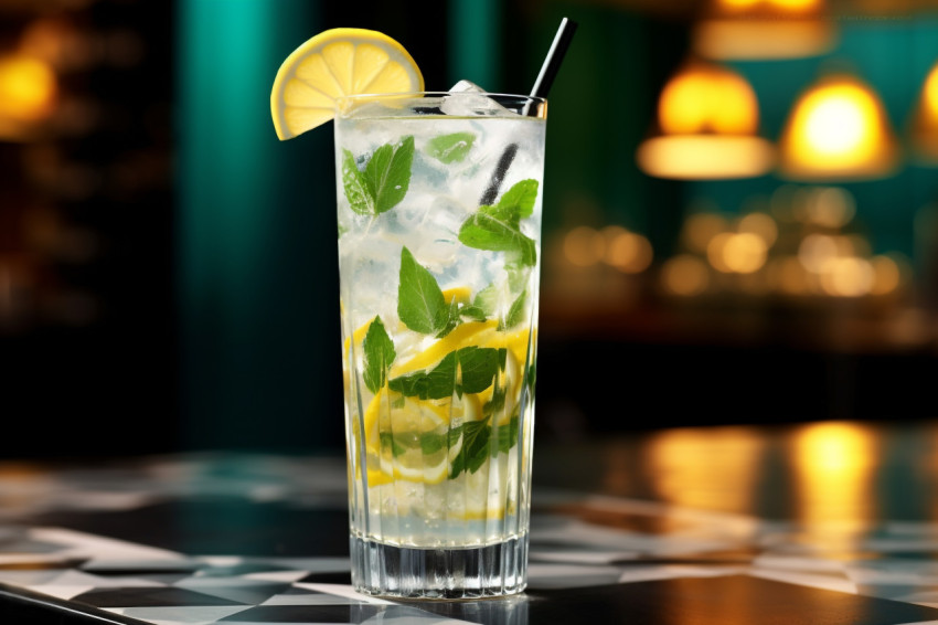 A cold and refreshing lemonade drink with lemon mint and ice