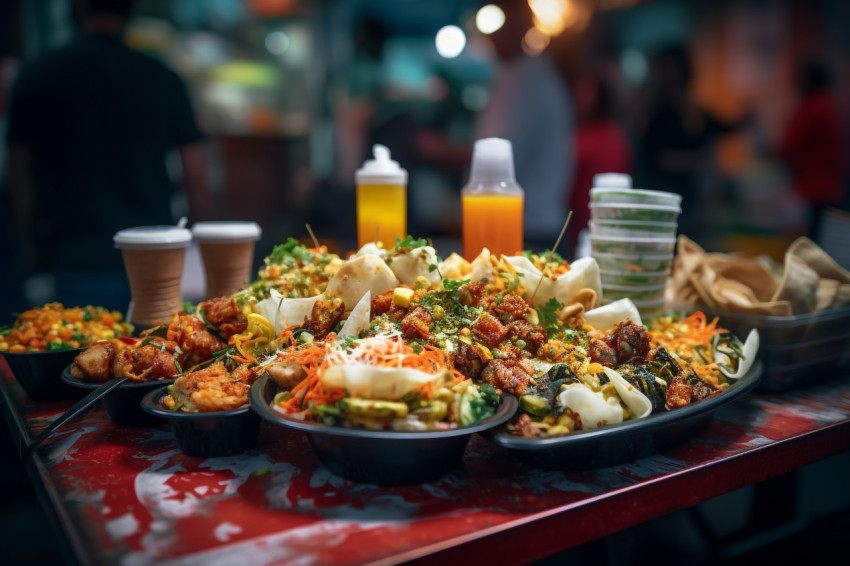 A picture of people eating street food while they are traveling