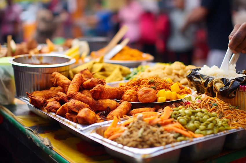 A picture of people eating street food while they are traveling