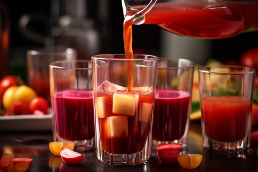 A picture of juice being poured into a glass with tasty burgers