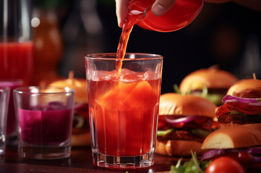 A picture of juice being poured into a glass with tasty burgers