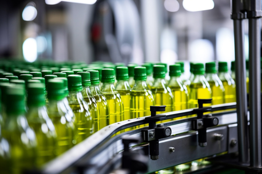 A picture of a moving belt with bottles of juice in a beverage f