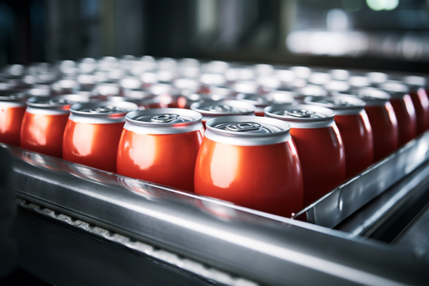 A picture of a conveyor belt moving thousands of aluminum drink