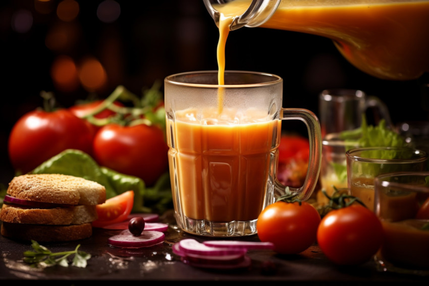 A picture of juice being poured into a glass with tasty burgers