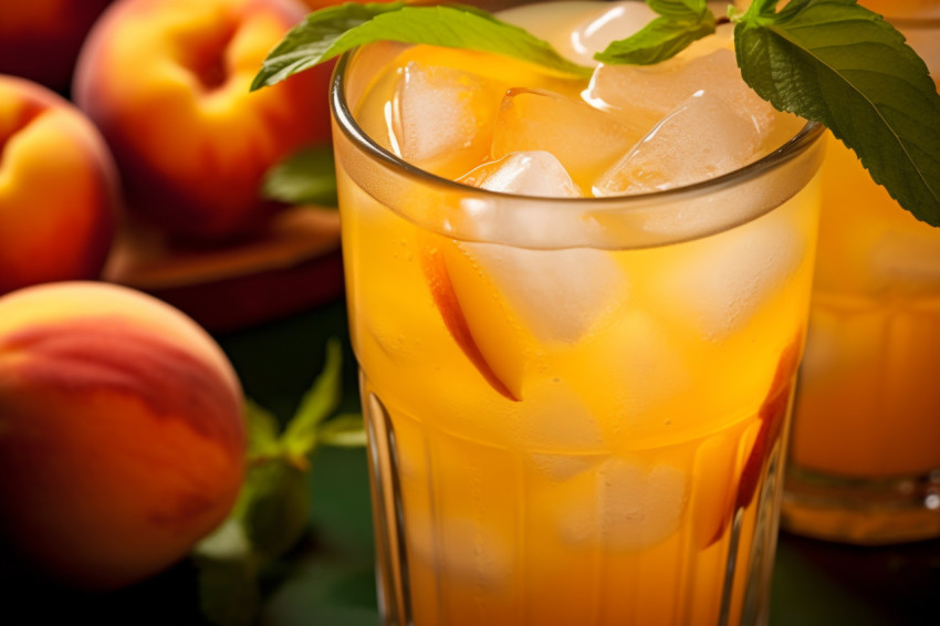 A picture of a cold lemonade made at home with juicy peaches and