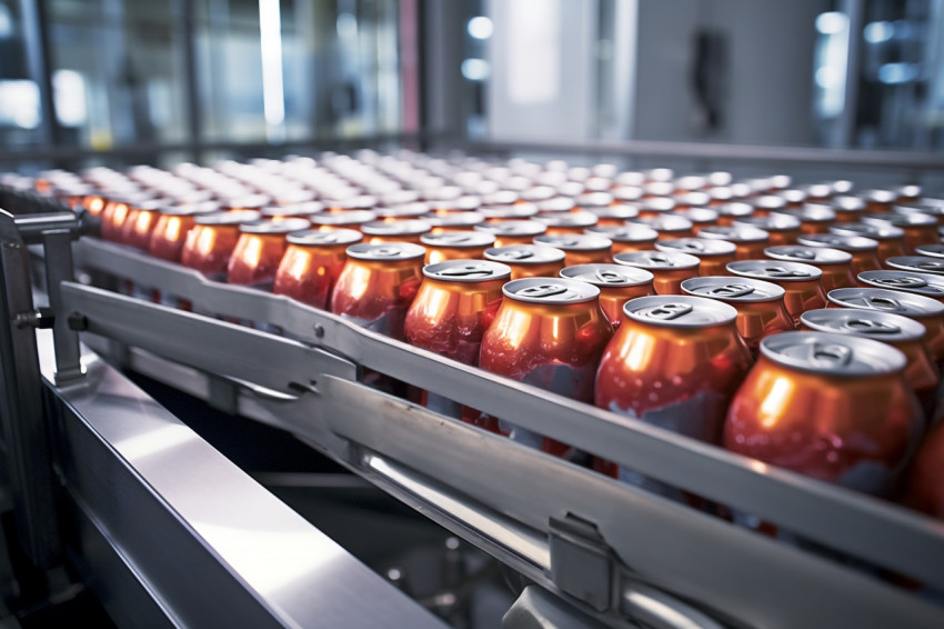 A picture of a conveyor belt moving thousands of aluminum drink