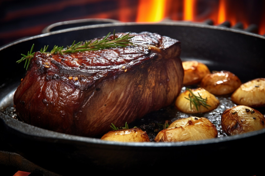 Picture of a cooked ribeye steak and baked potato in a frying pa