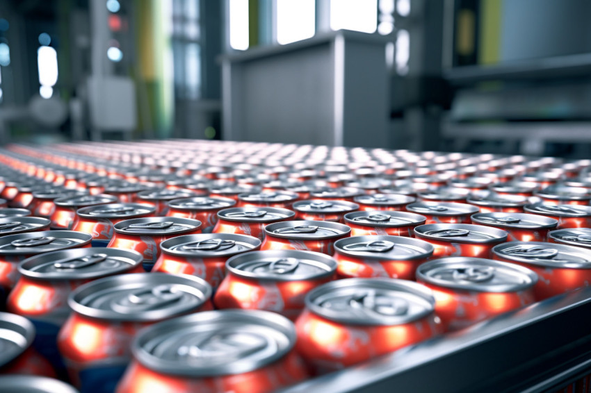 A picture of a conveyor belt moving thousands of aluminum drink